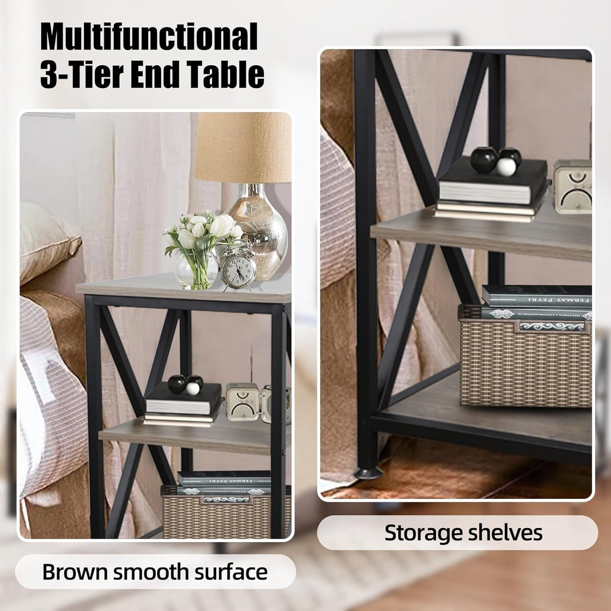 Set of 2 Farmhouse End Tables with Storage Shelf & X-Frame
