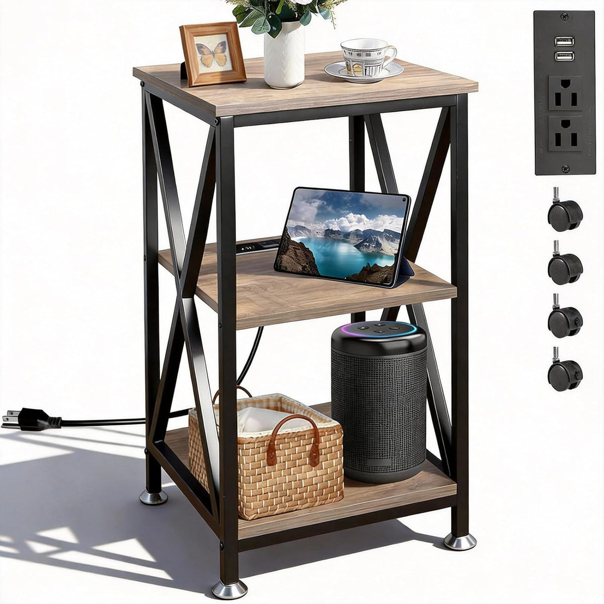 Set of 2 Farmhouse End Tables with Storage Shelf & X-Frame