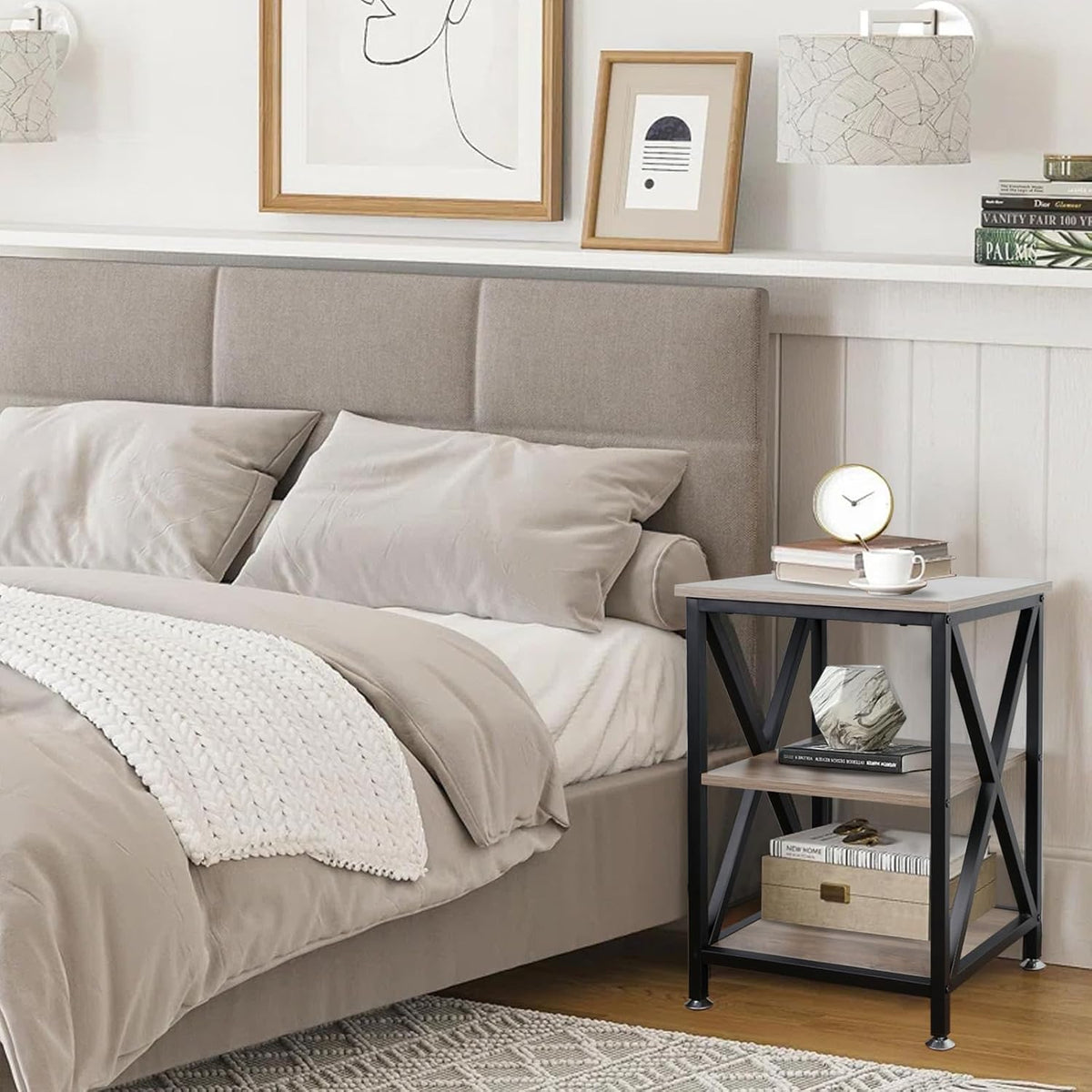 Set of 2 Farmhouse End Tables with Storage Shelf & X-Frame