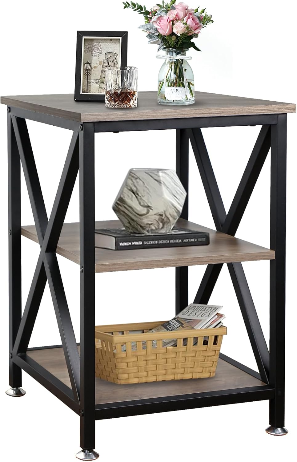 Set of 2 Farmhouse End Tables with Storage Shelf & X-Frame