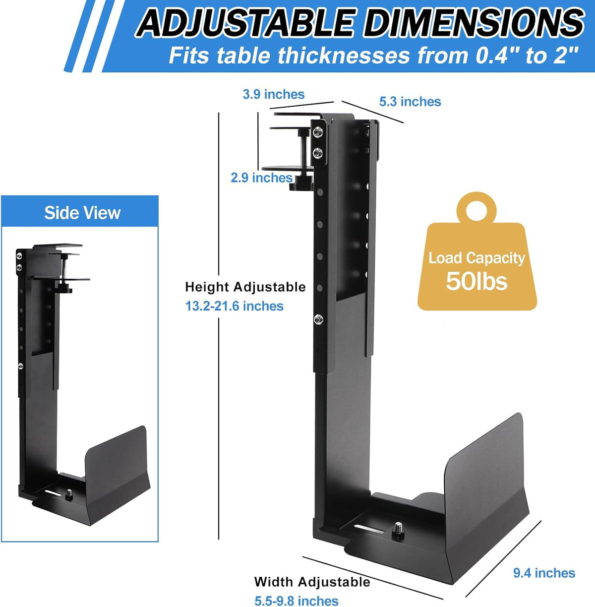 Adjustable Clamp-On Under Desk PC Tower Mount – No Drilling