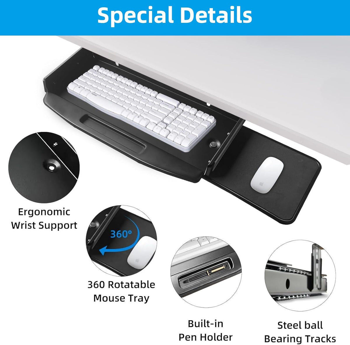 Solid Steel Slide-Out Keyboard Tray with Rotating Mouse Platform