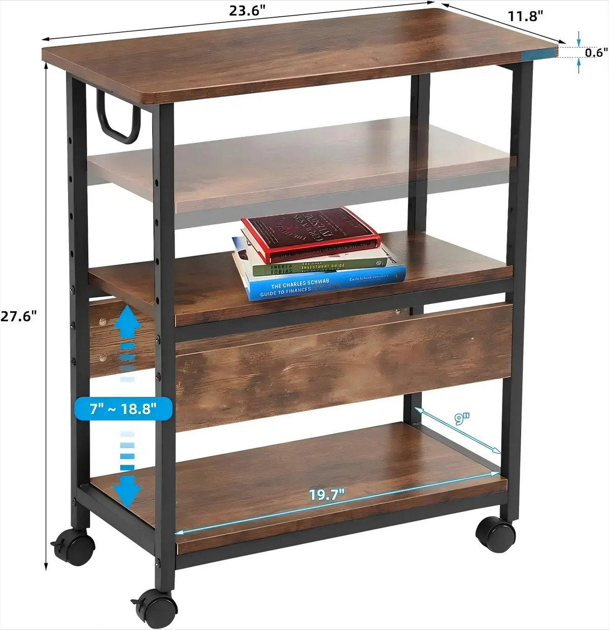 Adjustable 3-Tier Rolling Computer Tower Stand with Storage Shelf
