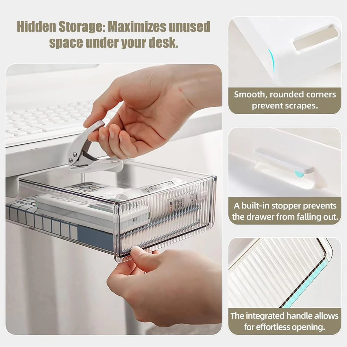 Clear under desk storage drawer with rounded corners, built-in stopper and easy-pull handle