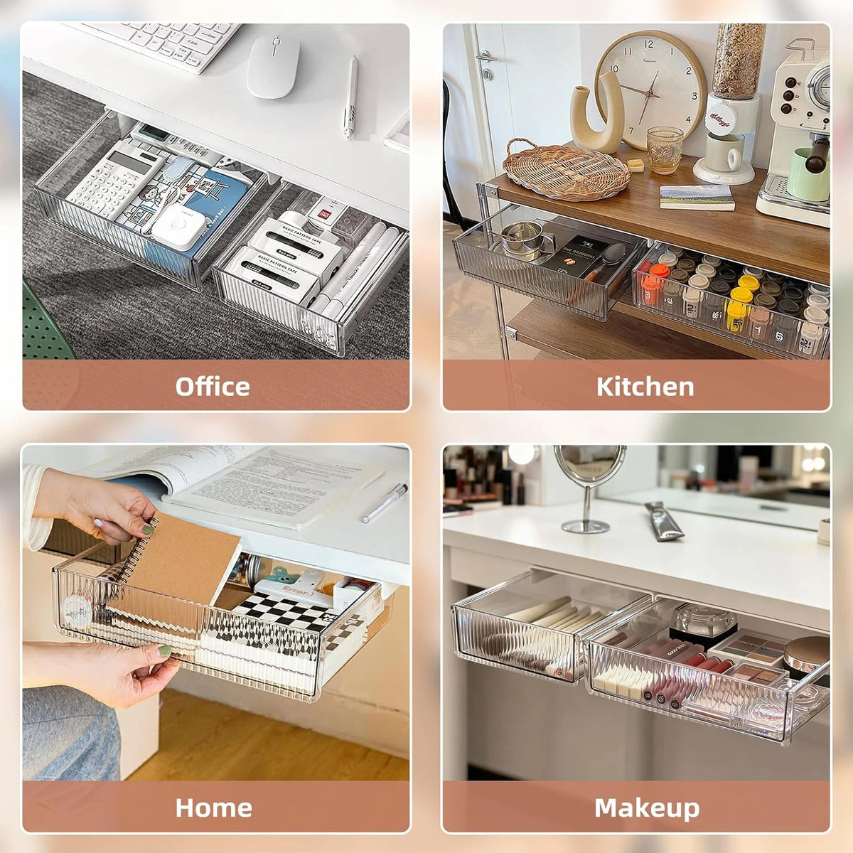 Clear under desk storage drawers for organizing office, kitchen, home and makeup essentials