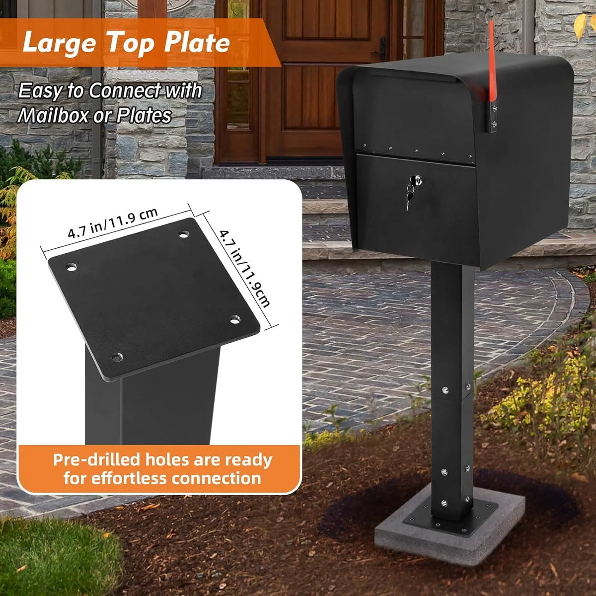 43" Heavy-Duty Steel Mailbox Post with Base – Black