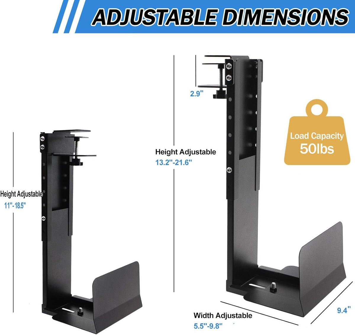 Adjustable Clamp-On Under Desk PC Tower Mount – No Drilling