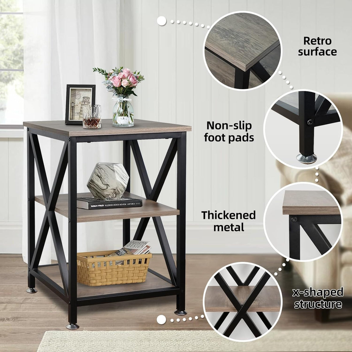 Set of 2 Farmhouse End Tables with Storage Shelf & X-Frame