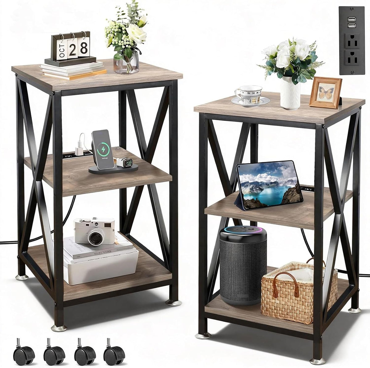 Set of 2 Farmhouse End Tables with Storage Shelf & X-Frame