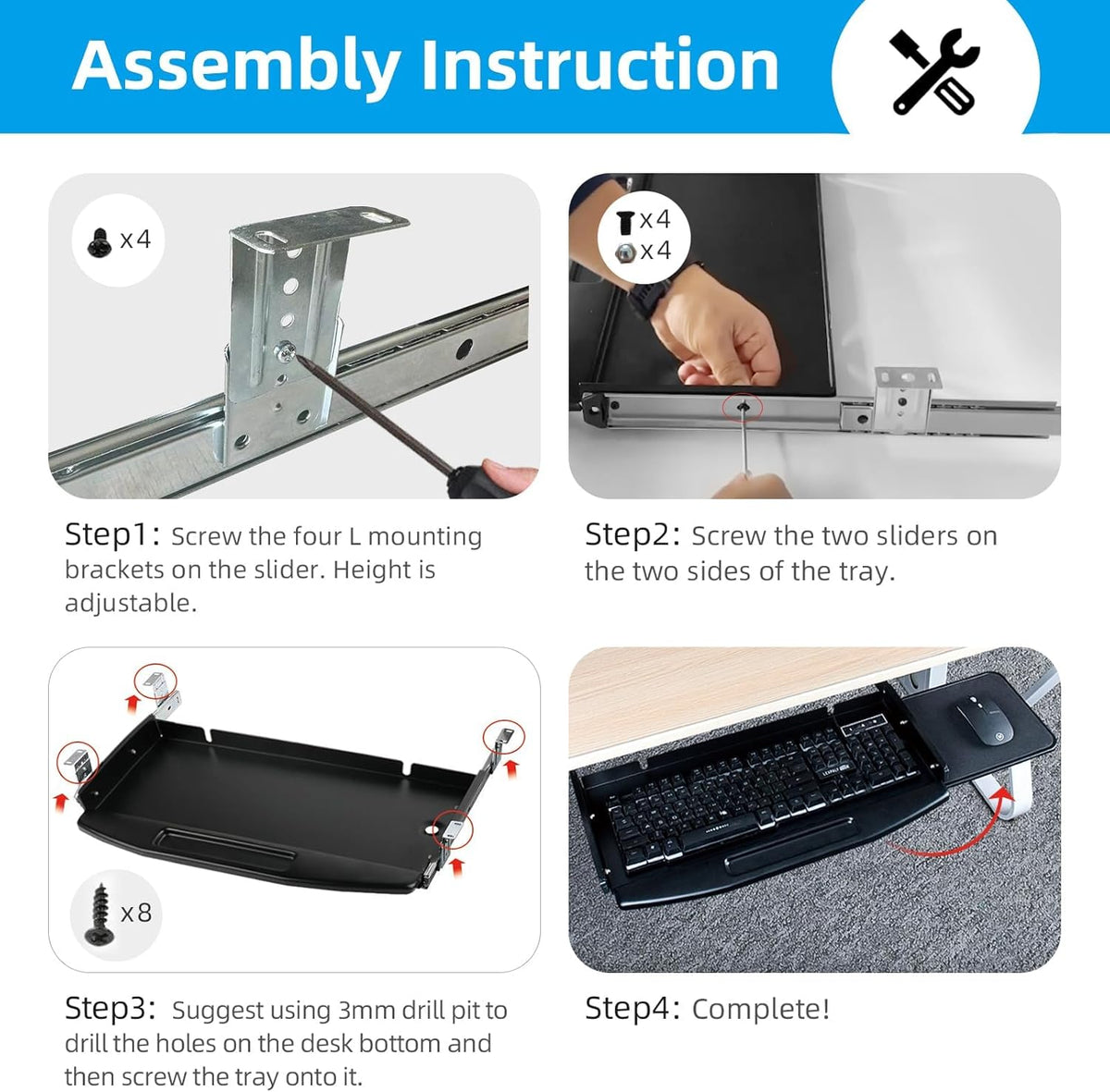 Solid Steel Slide-Out Keyboard Tray with Rotating Mouse Platform