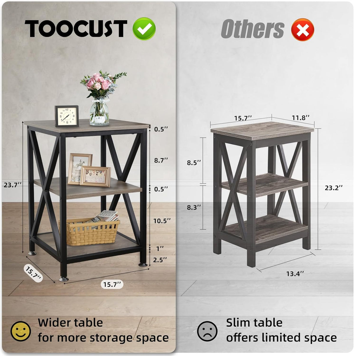 Set of 2 Farmhouse End Tables with Storage Shelf & X-Frame