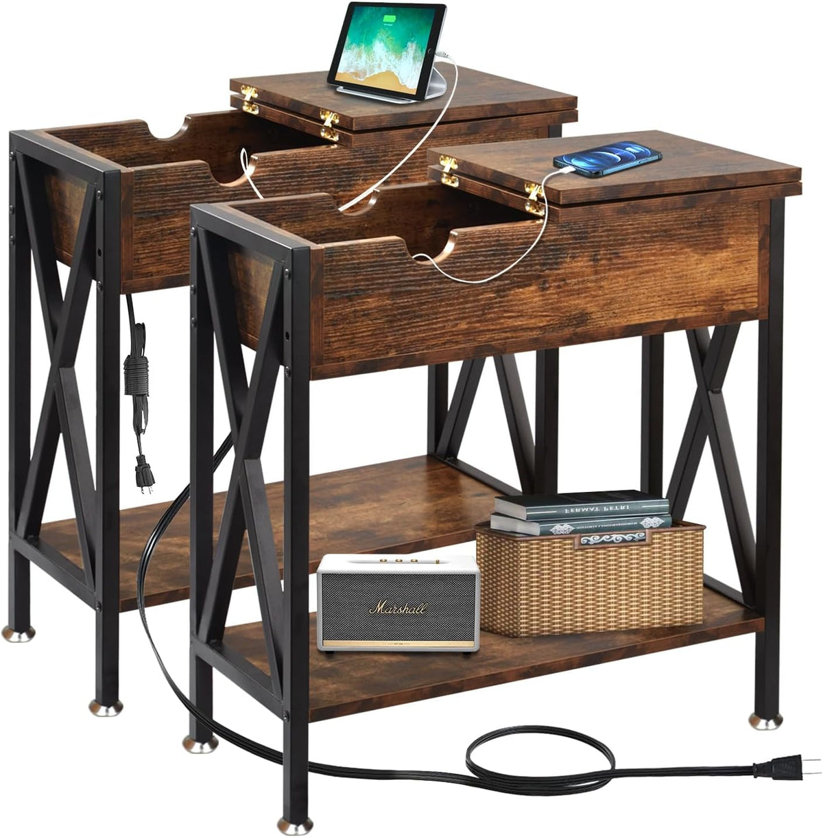 Rustic brown two-piece end table set with built-in charging station