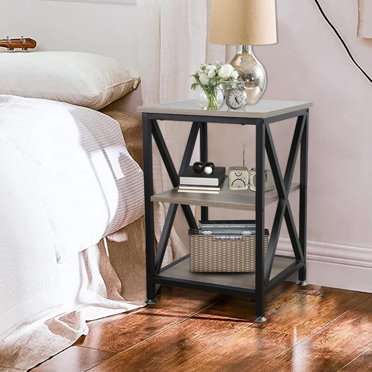 Set of 2 Farmhouse End Tables with Storage Shelf & X-Frame
