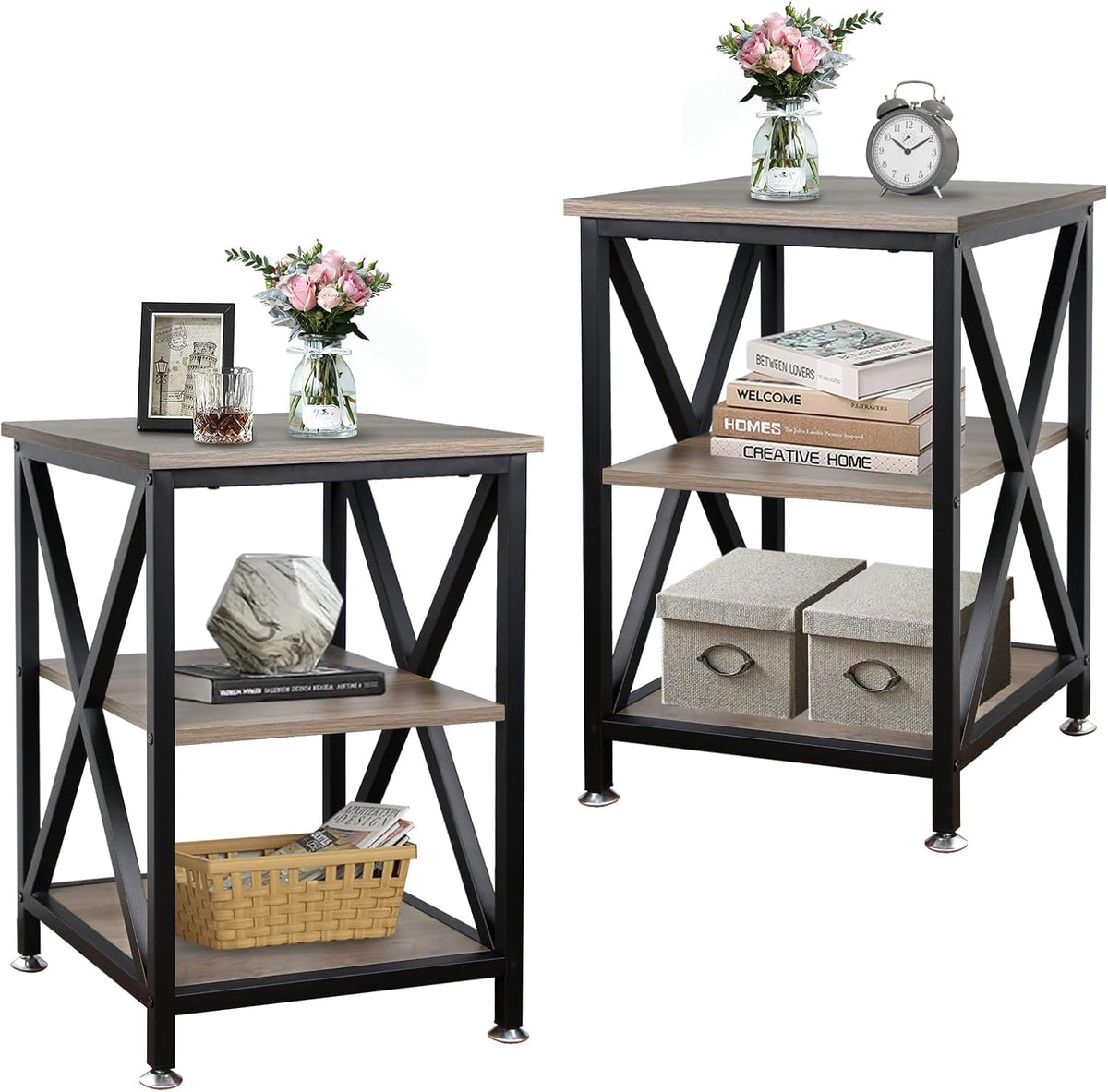 Set of 2 Farmhouse End Tables with Storage Shelf & X-Frame