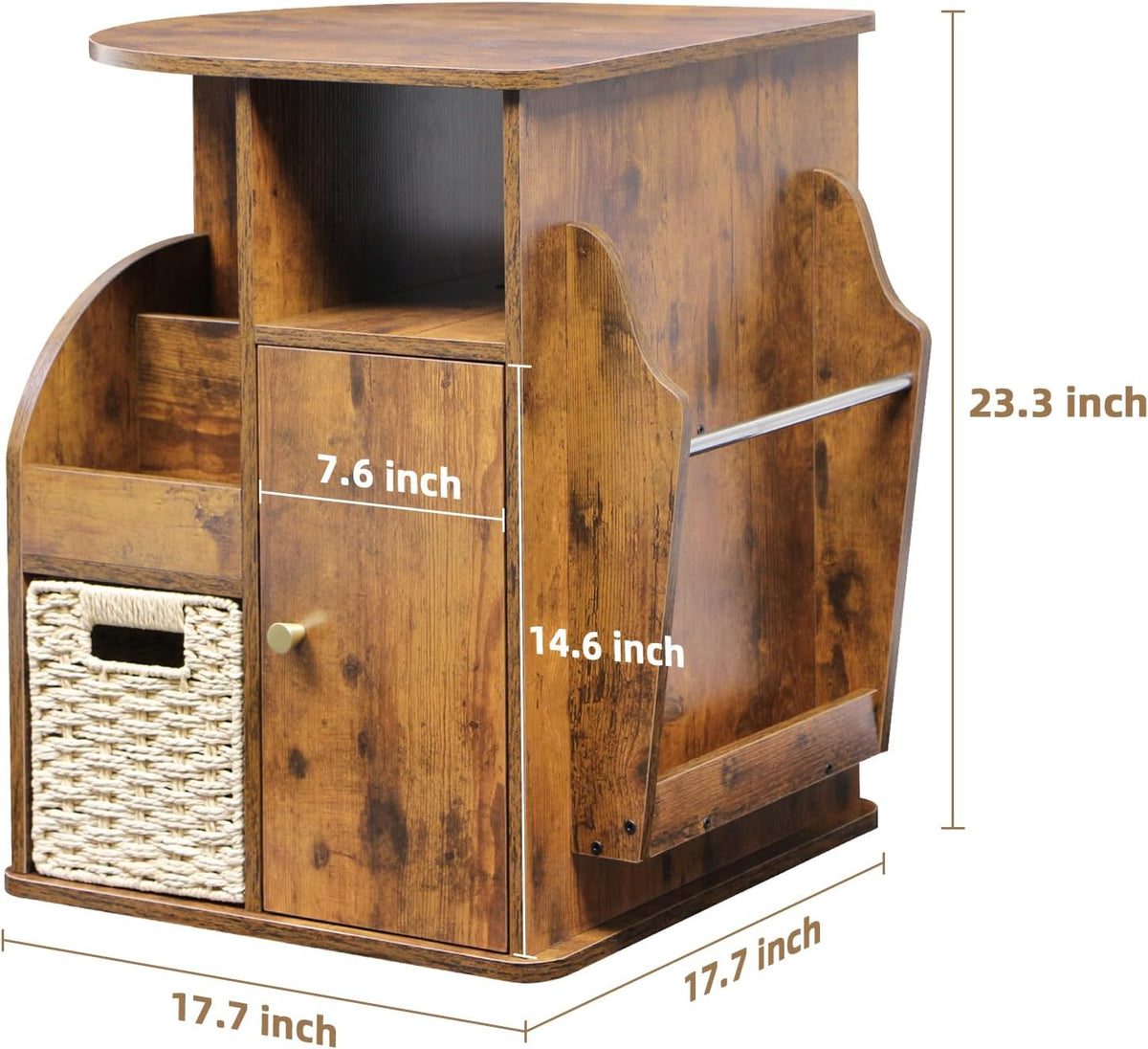 Rotating end table with magazine rack and woven basket