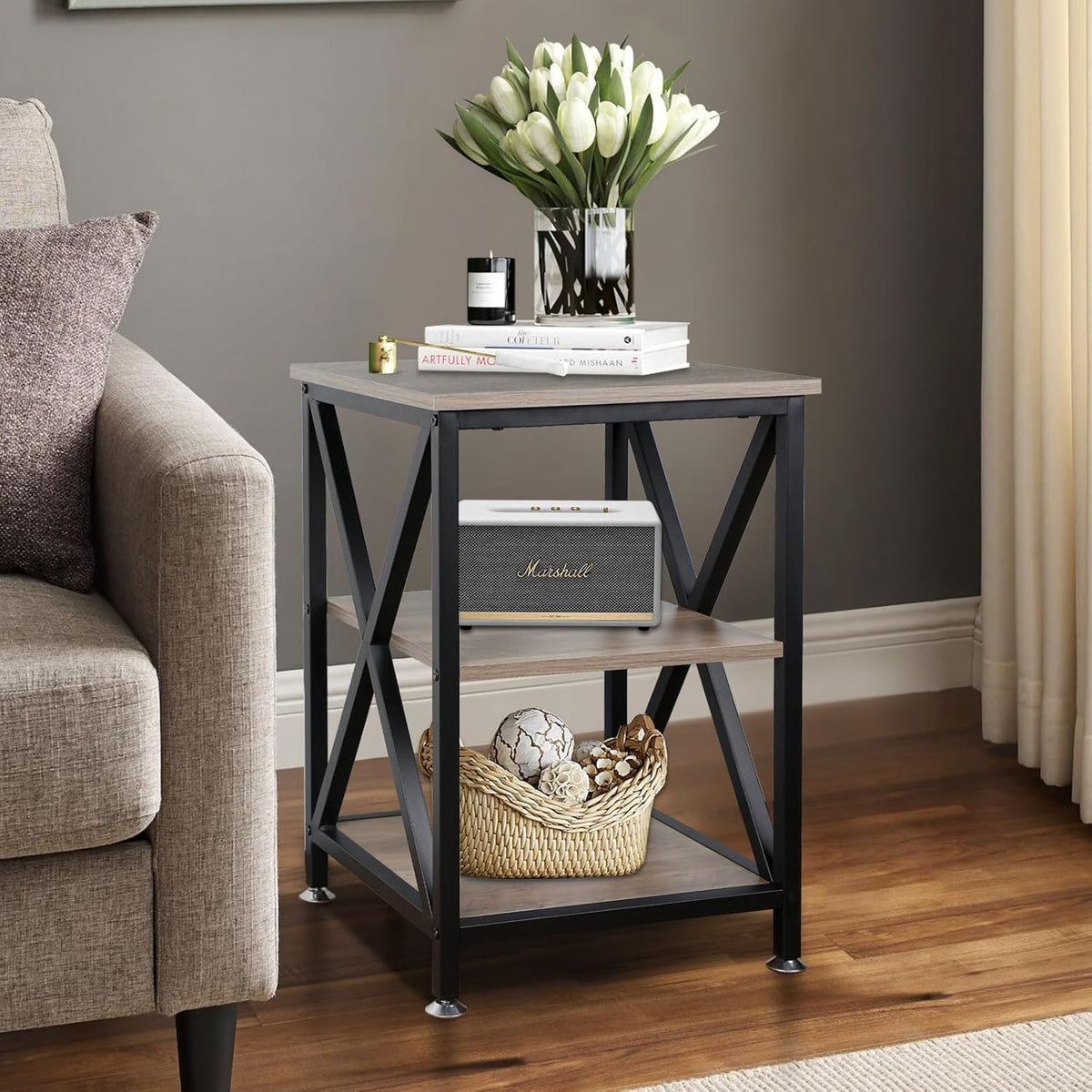 Set of 2 Farmhouse End Tables with Storage Shelf & X-Frame