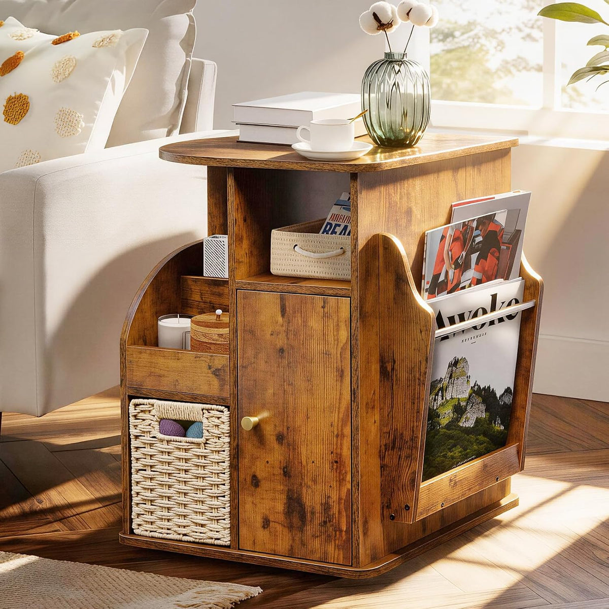 Rustic brown rotating end table with storage