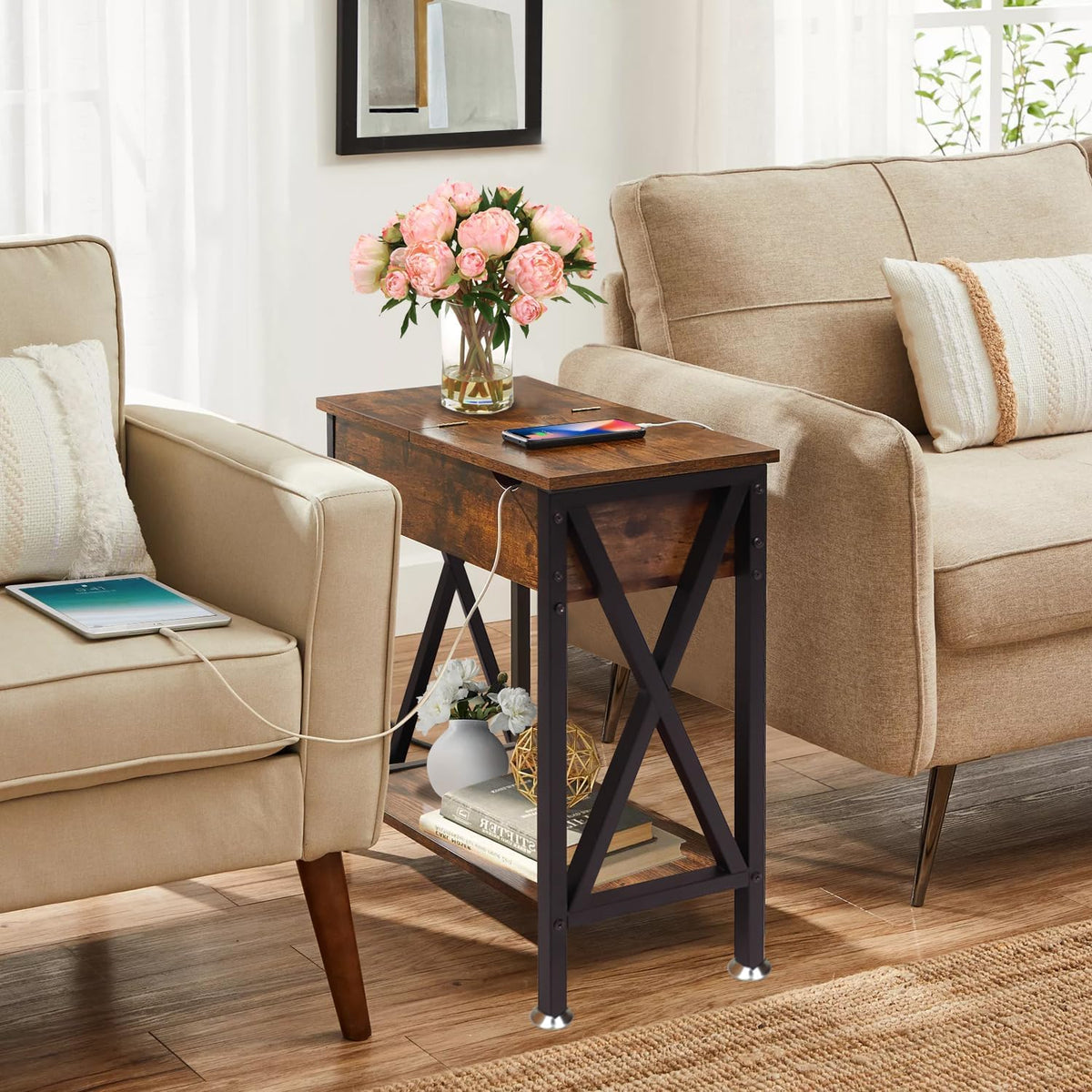 End table set showing the flip-top storage drawer