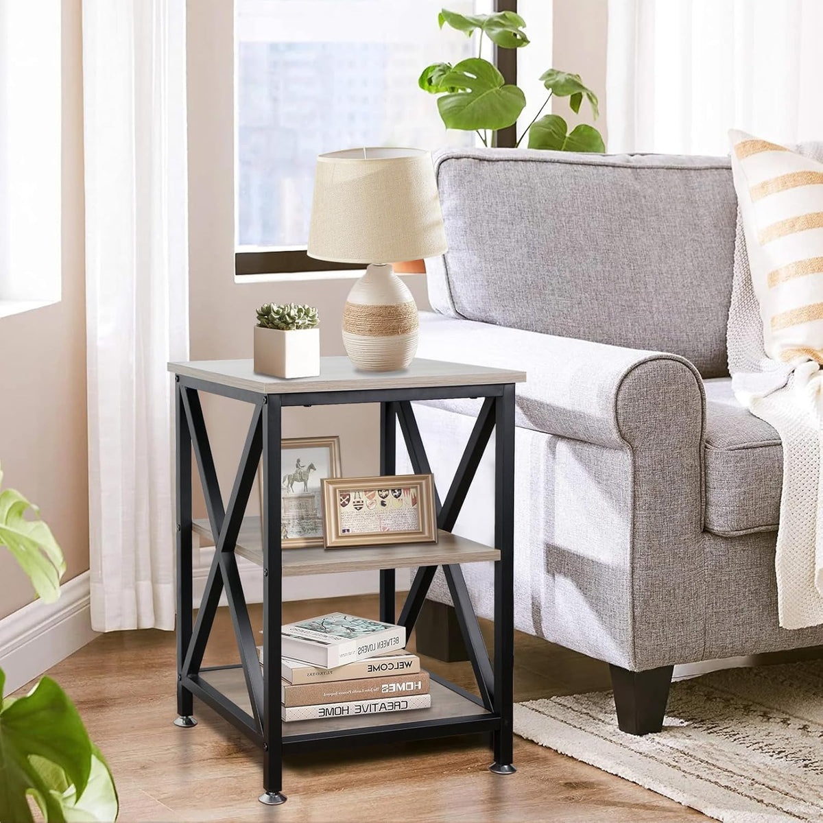 Set of 2 Farmhouse End Tables with Storage Shelf & X-Frame