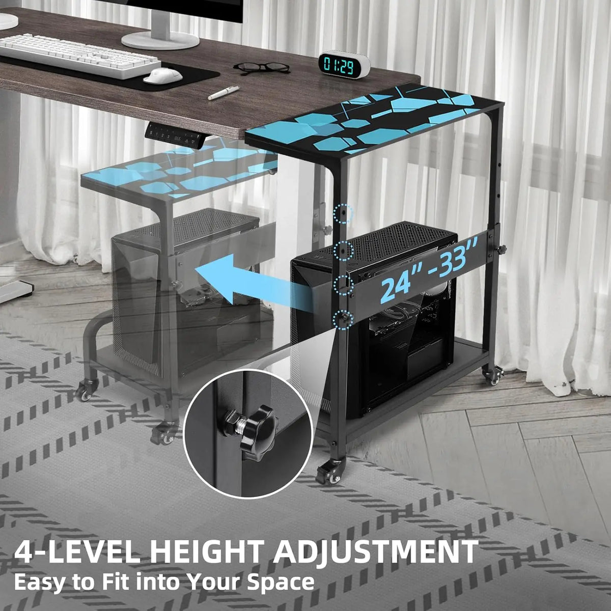 Adjustable 2-Tier Mobile CPU Rack with Wheels