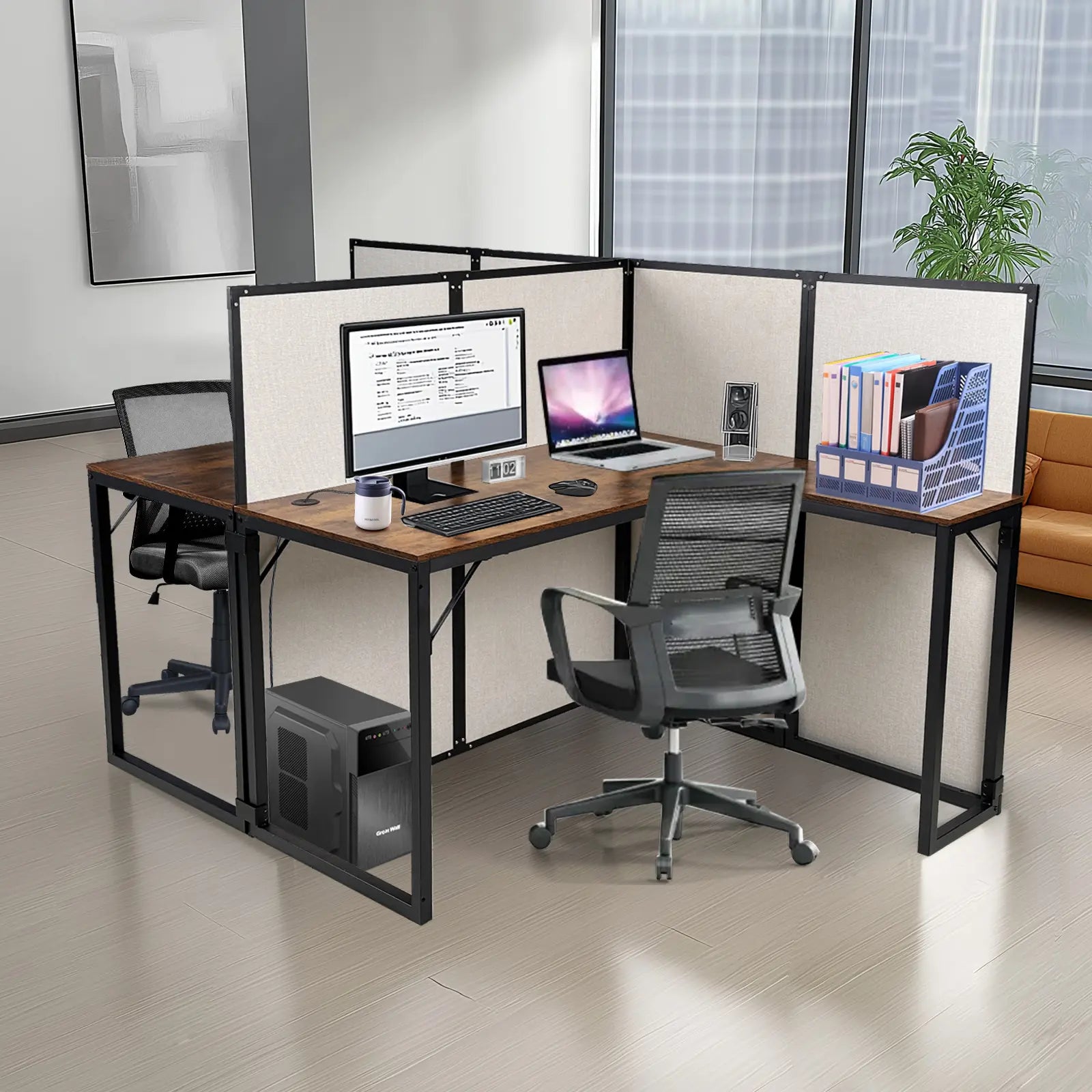 L-Shaped 2-Person Cubicle Desk with Privacy Panels