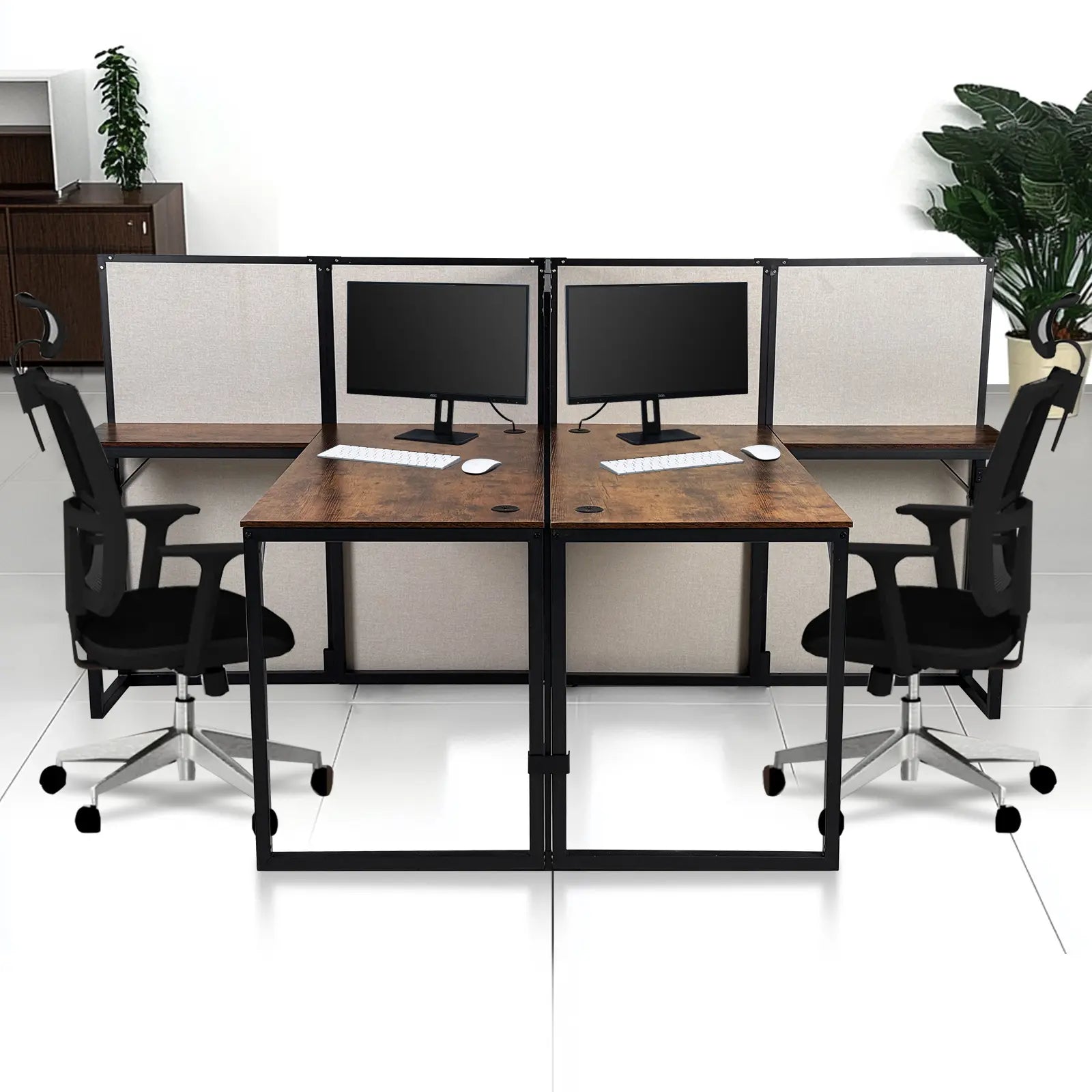 L-Shaped 2-Person Cubicle Desk with Privacy Panels